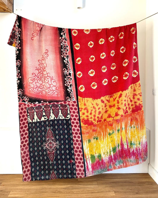 Fine Stitched Embroidered Vintage Kantha Quilt in Multicolour Print - Biggs & Hill