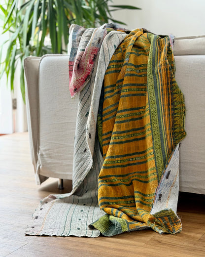 Textured Vintage Kantha Quilt In Orange, Green and White