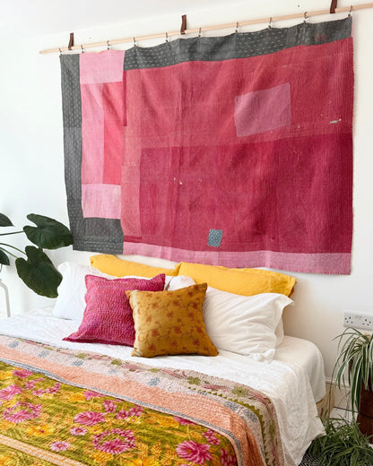 Fine Stitched Vintage Kantha Quilt in Vibrant Pink and Grey Patchwork - Biggs & Hill