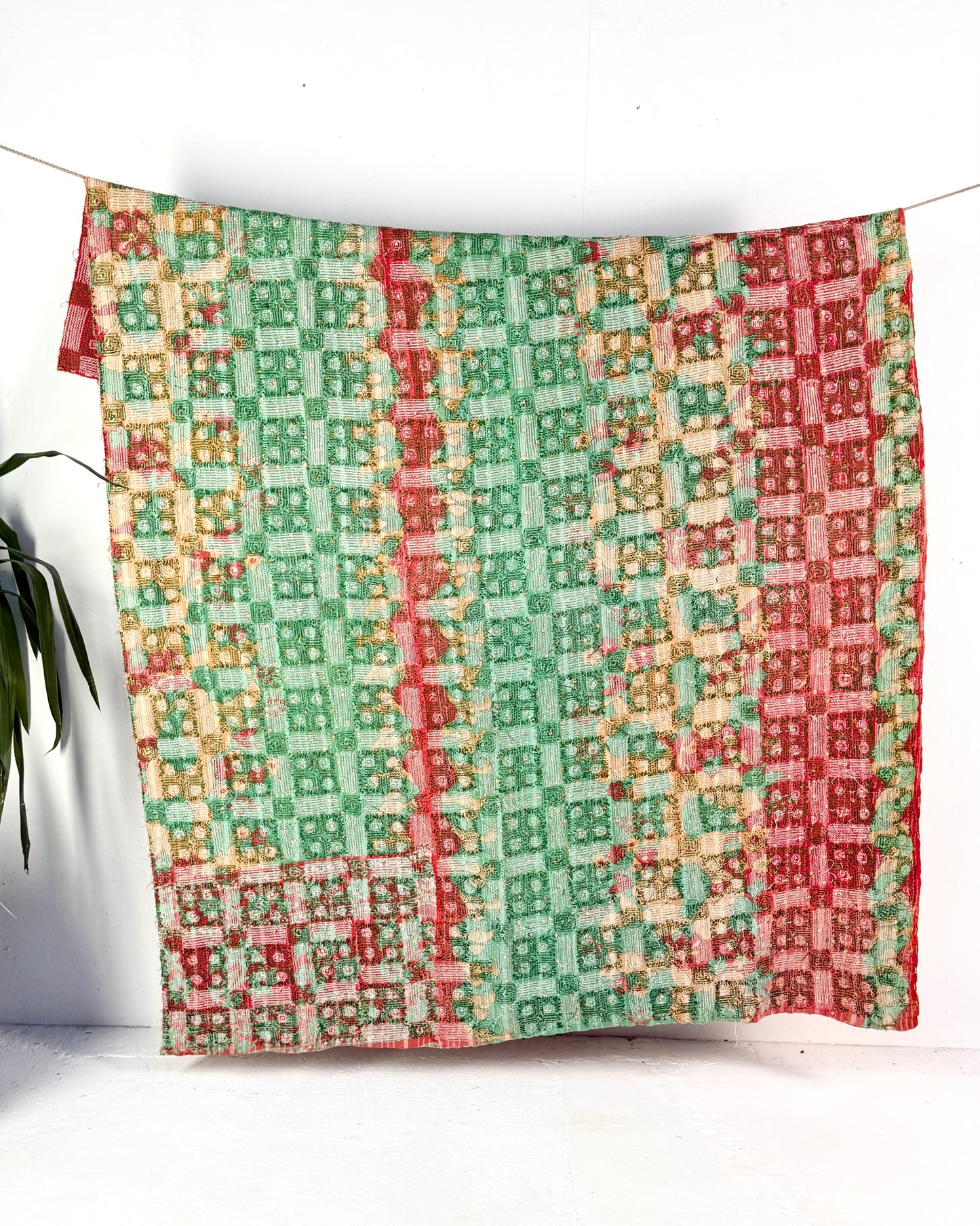 Heavy Vintage Galicha Kantha Quilt In Pink and Green