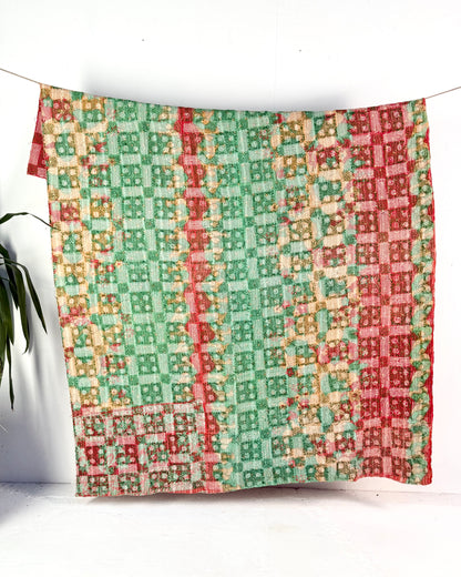 Heavy Vintage Galicha Kantha Quilt In Pink and Green