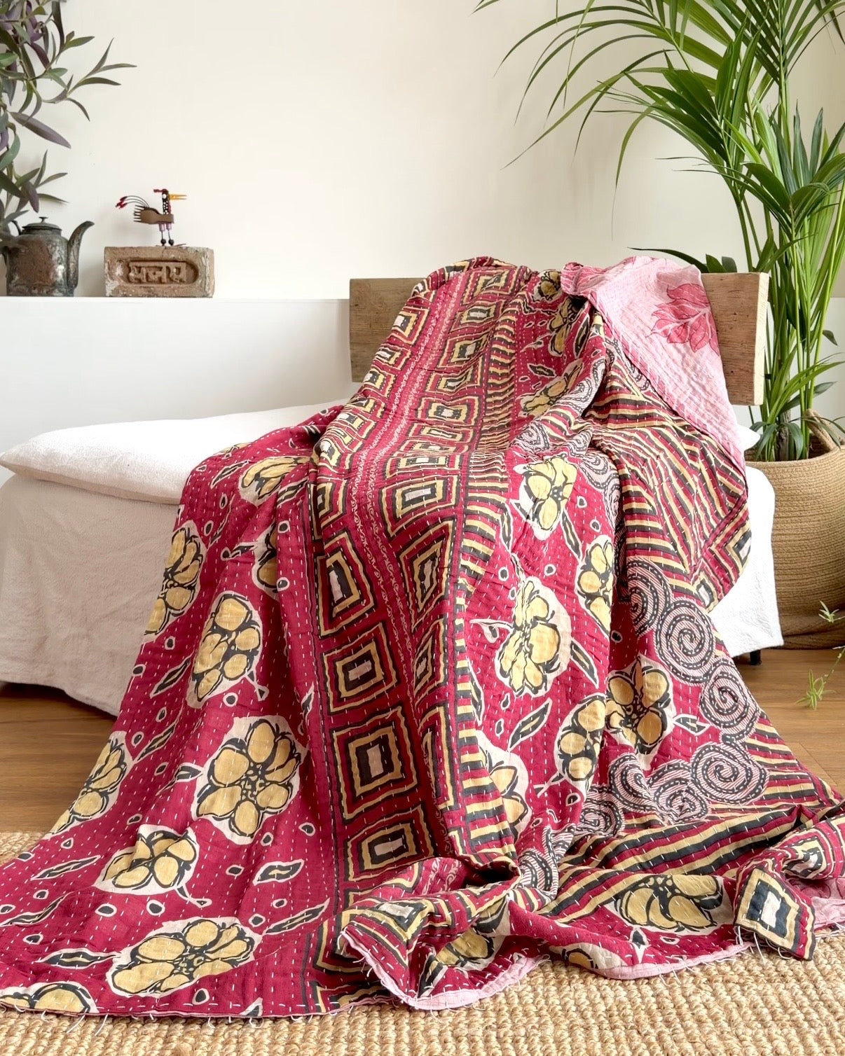 Vintage Cotton Kantha Quilt With Pink Geometric Patterns #24