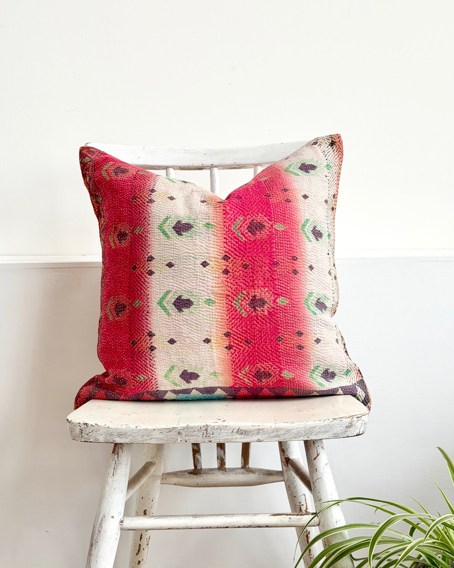 Vintage Kantha Cushion In Pink, White and Purple - 45cm Square
