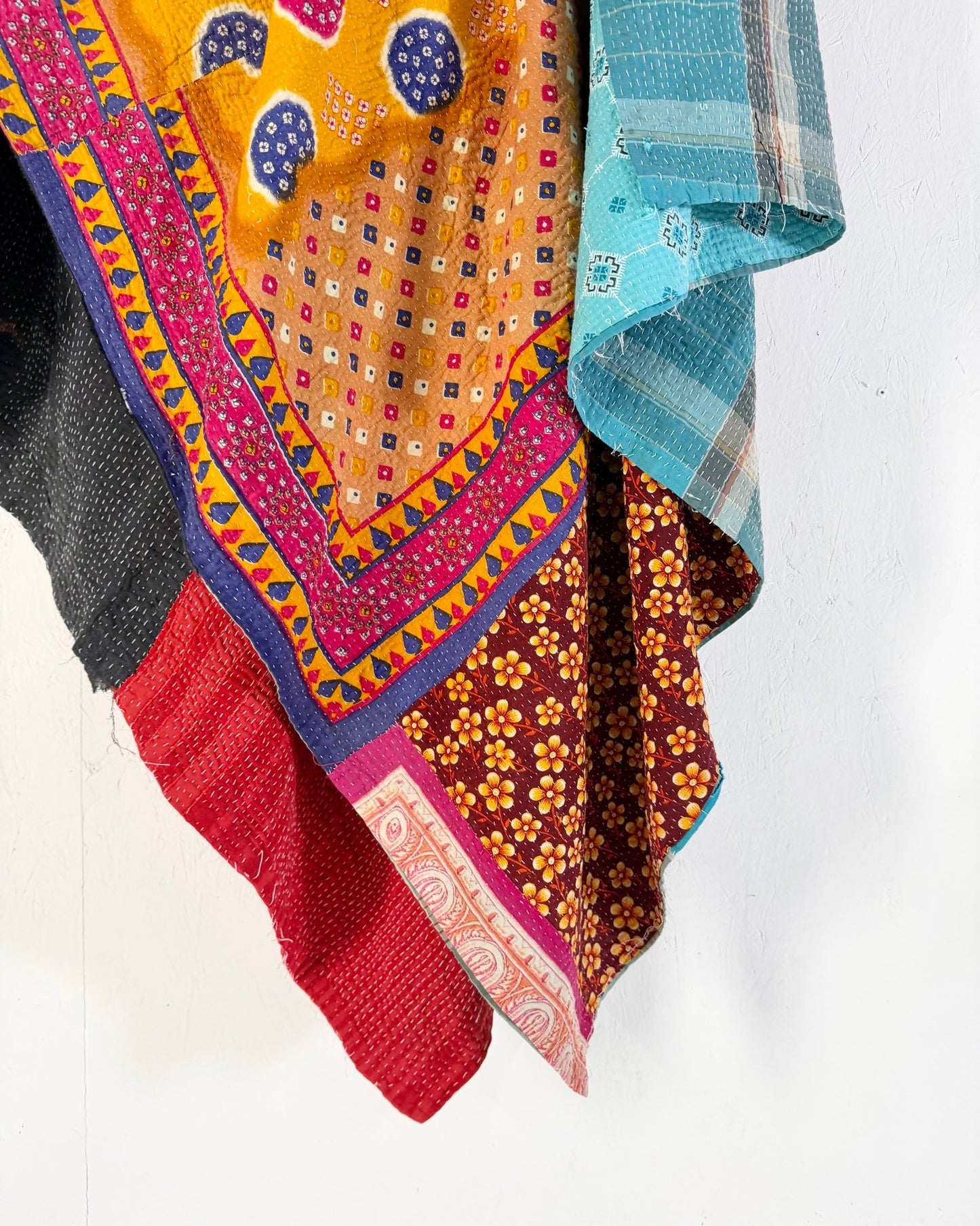 Large Fine Stitched Vintage Kantha Quilt in Pink, Turquoise and Yellow - Biggs & Hill