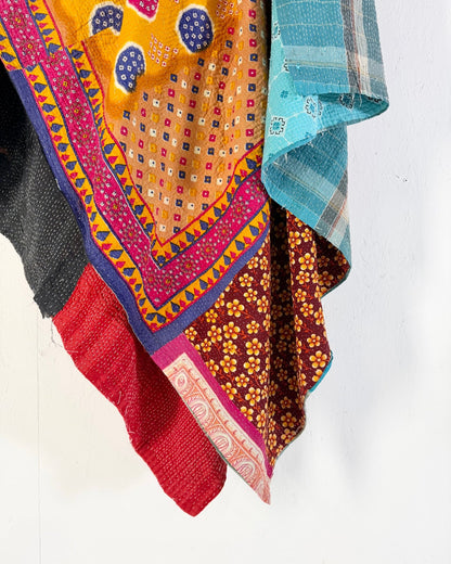 Large Fine Stitched Vintage Kantha Quilt in Pink, Turquoise and Yellow - Biggs & Hill