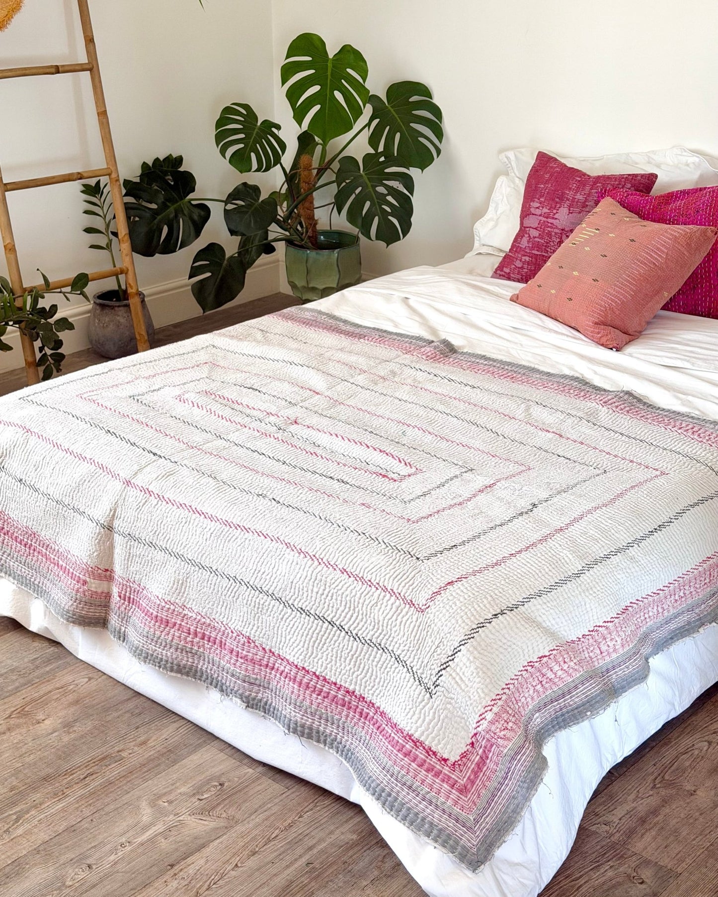 Heavy Fine Stitched Embroidered Vintage Kantha Quilt in White and Pink - Biggs & Hill