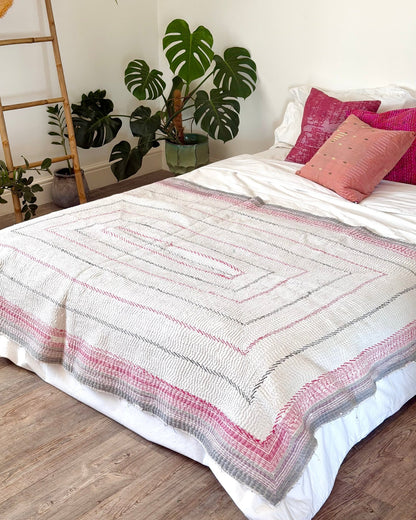 Heavy Fine Stitched Embroidered Vintage Kantha Quilt in White and Pink - Biggs & Hill