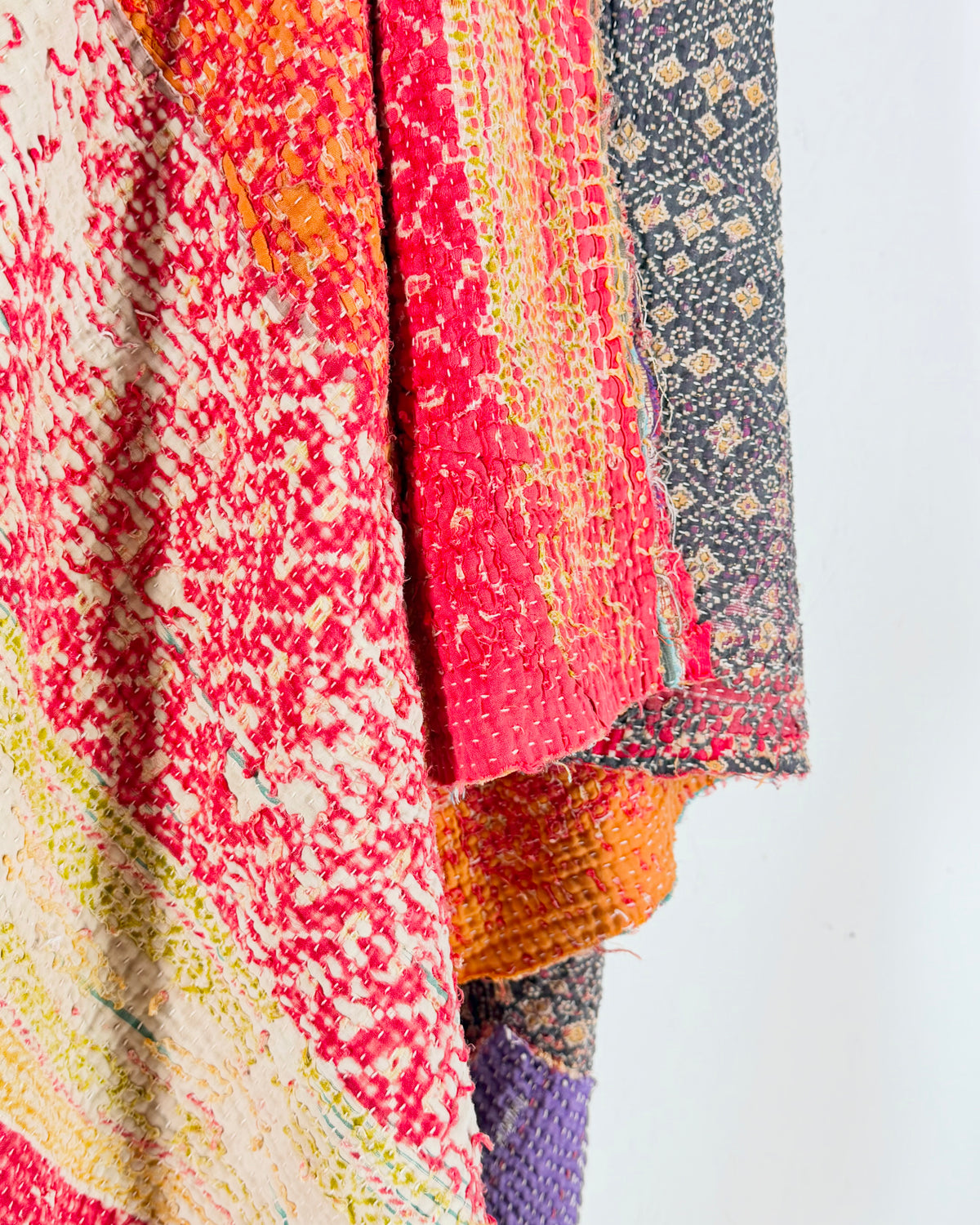 Large Textured Vintage Kantha Quilt in Red and Blue