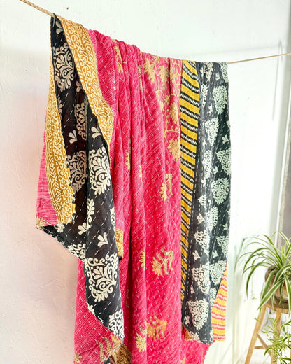 Vintage Cotton Kantha Quilt In Orange and Red 04 - Biggs & Hill