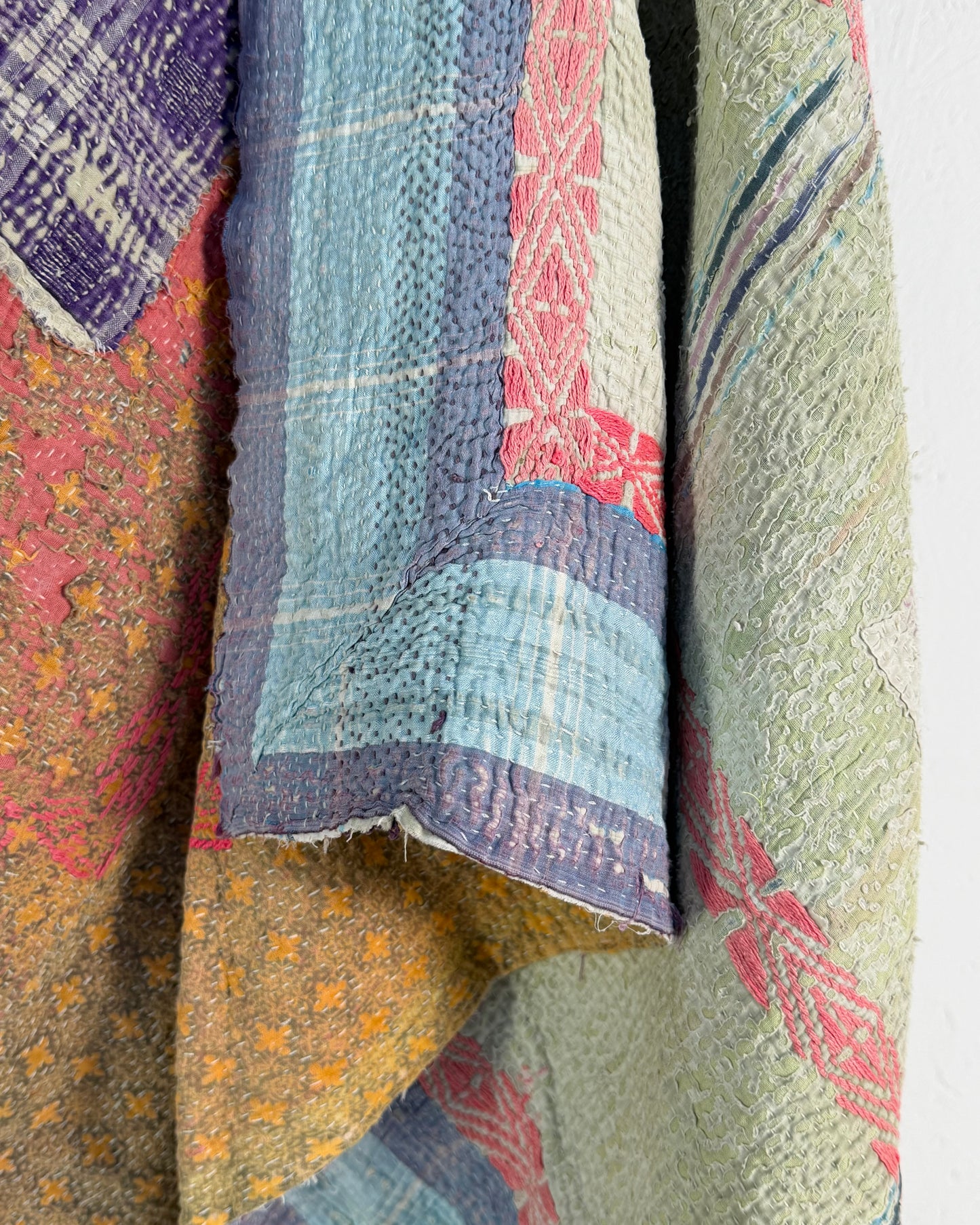 Embroidered Vintage Kantha Quilt in Yellow, Pink and White