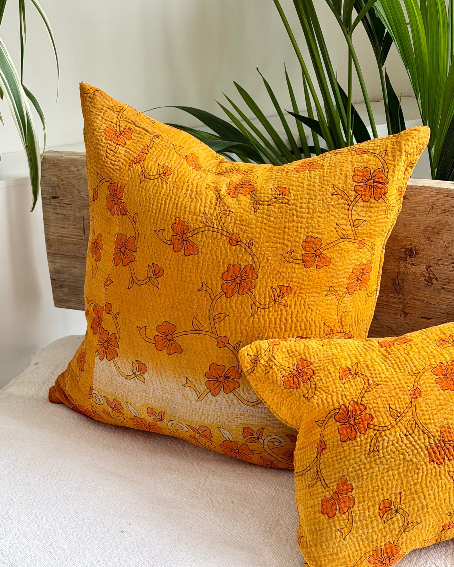 Vintage Kantha Cushion In Yellow Floral - 45cm Square