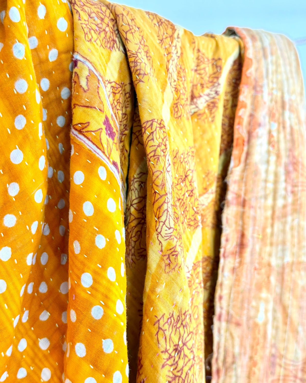 Large Fine Stitched Vintage Kantha Quilt in Yellow and Orange - Biggs & Hill