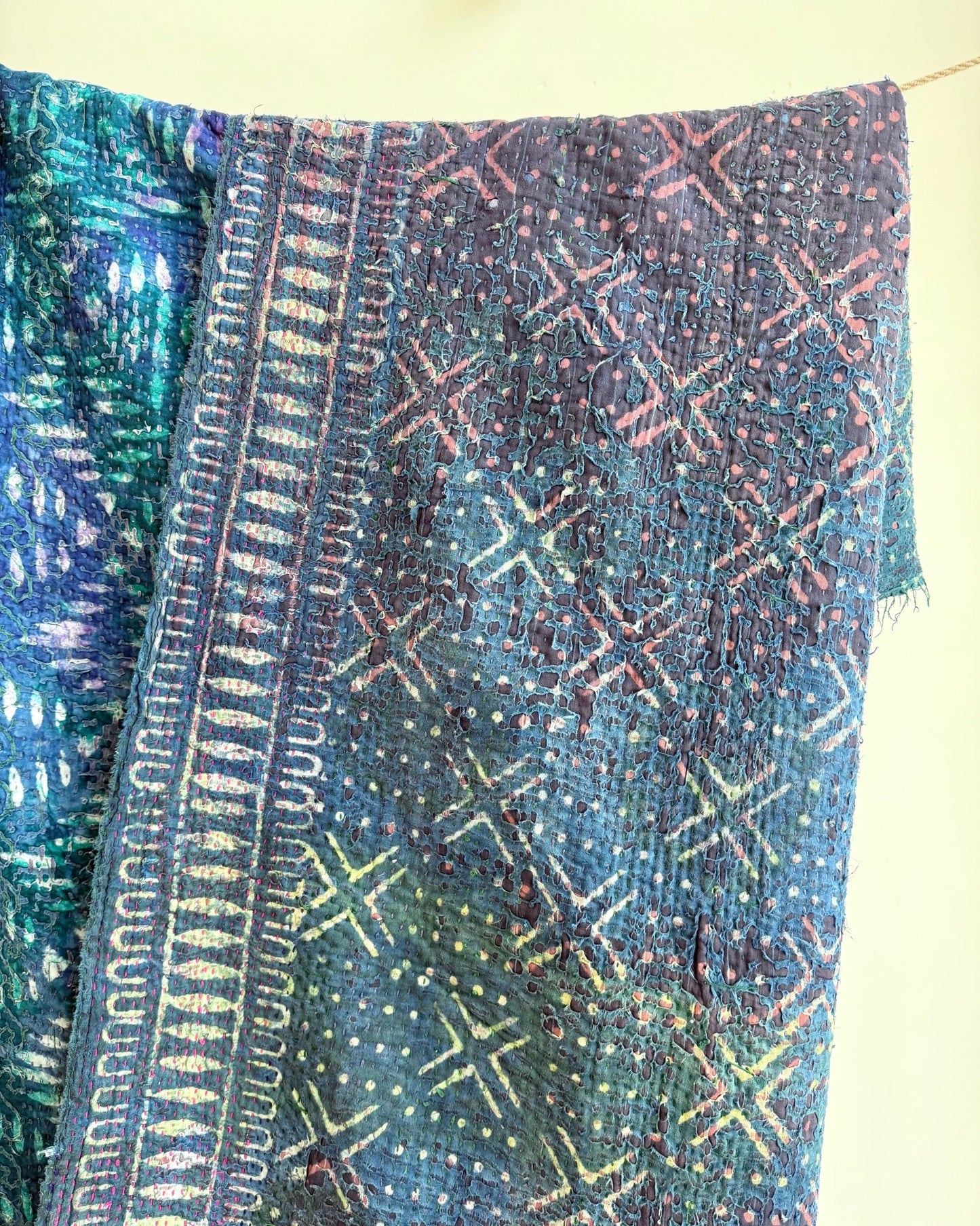 Project Kantha Quilt: Indigo Print With Authentic Aged Texture - Biggs & Hill