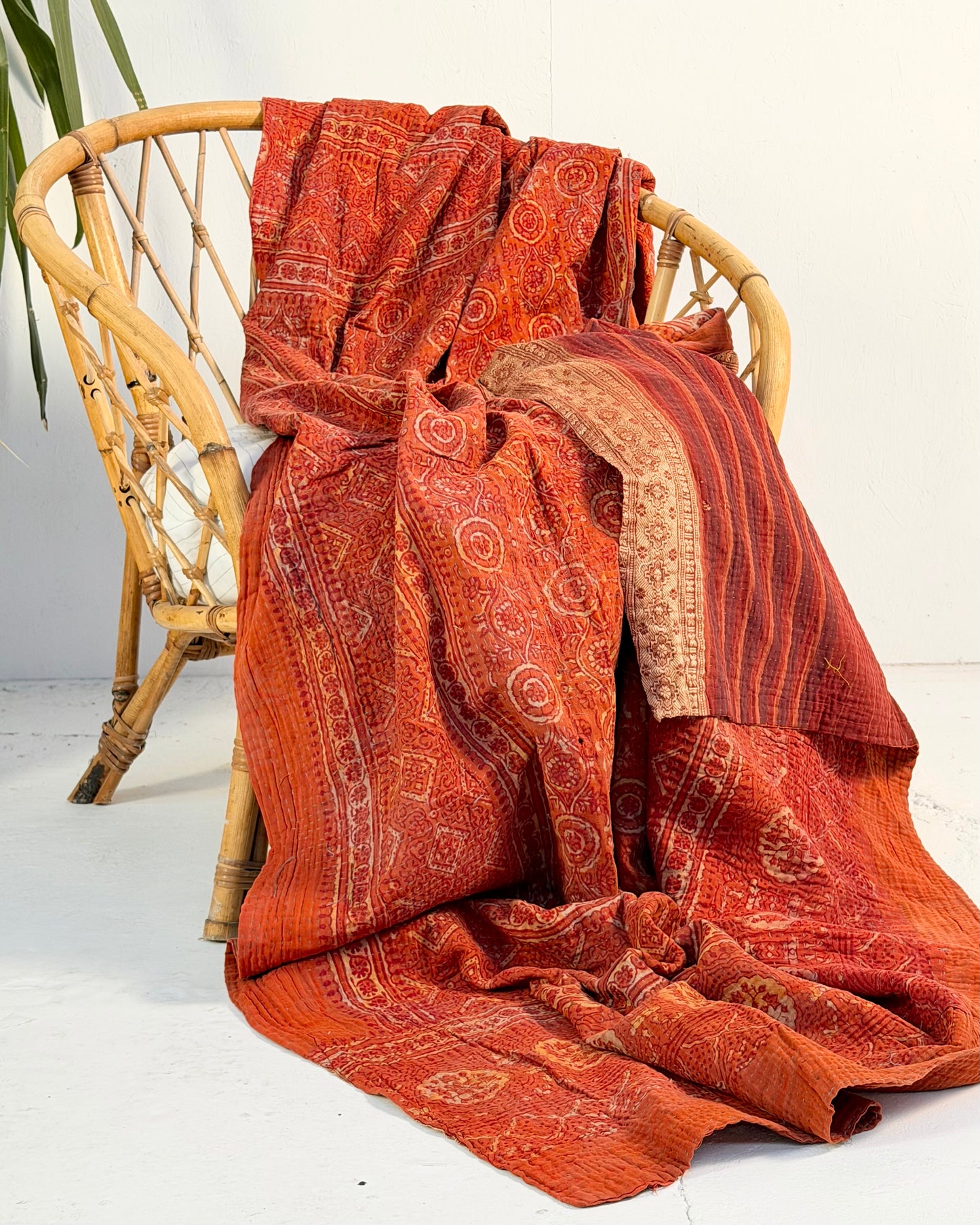 Extra Large Ajrakh Printed Vintage Kantha Quilt In Deep Red