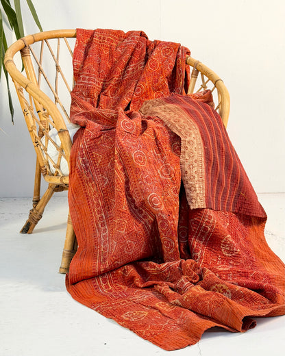 Extra Large Ajrakh Printed Vintage Kantha Quilt In Deep Red