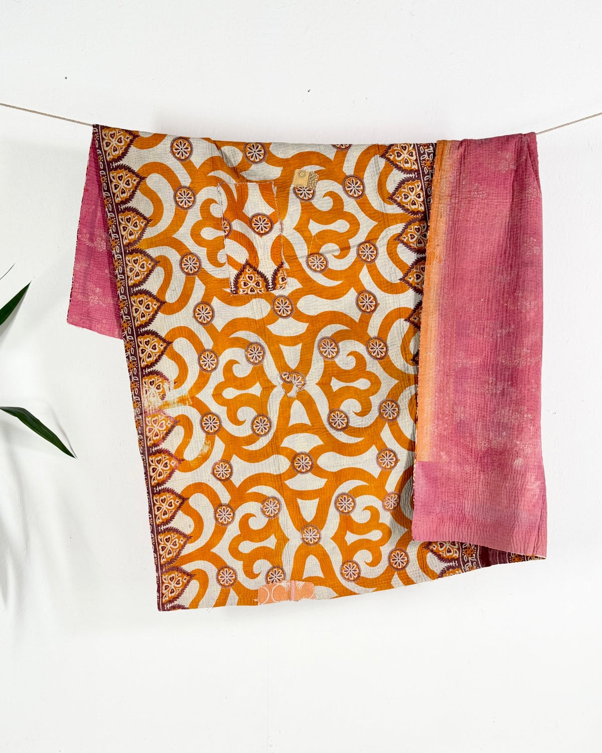 Fine Stitched Vintage Kantha Quilt with Geometric Orange Patterns - Biggs & Hill
