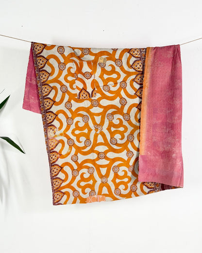 Fine Stitched Vintage Kantha Quilt with Geometric Orange Patterns - Biggs & Hill