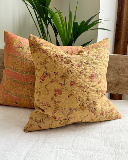 Vintage Kantha Cushion With Yellow Flowers - 45cm Square