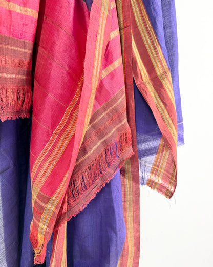 Preloved Silk Sari Length In Dark Blue and Pink 04