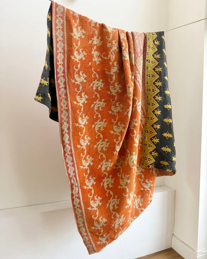 Large Fine Stitched Vintage Kantha Quilt In Orange, Black and Green - Biggs & Hill