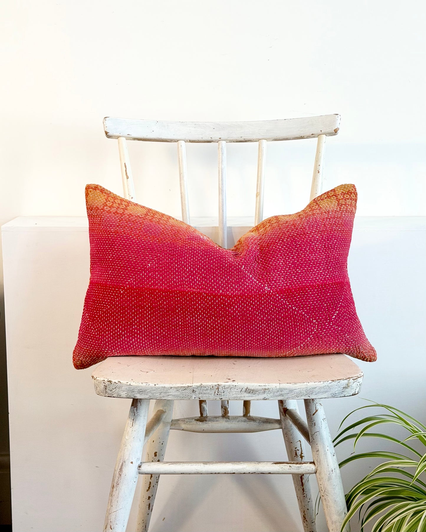 Vintage Kantha Cushion In Pink and Yellow - Small Rectangular