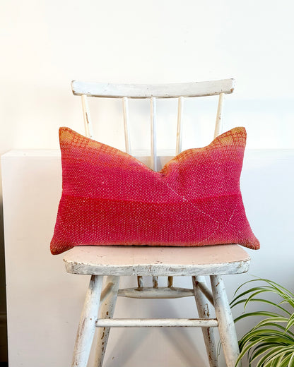 Vintage Kantha Cushion In Pink and Yellow - Small Rectangular