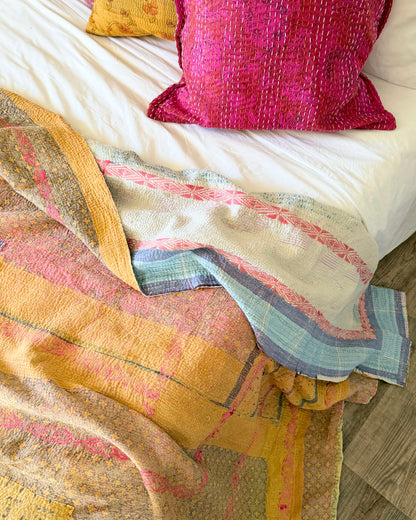 Embroidered Vintage Kantha Quilt in Yellow, Pink and White