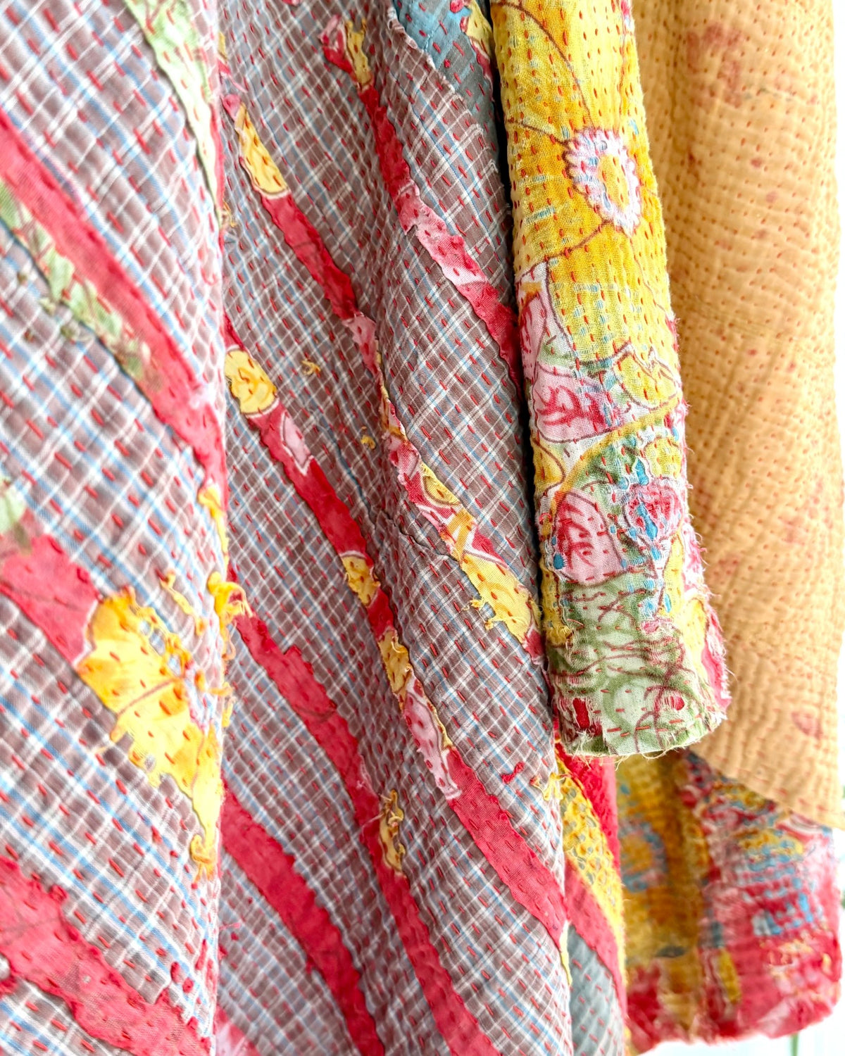 Extra Large Fine Stitched Vintage Kantha Quilt in Red and Yellow - Biggs & Hill