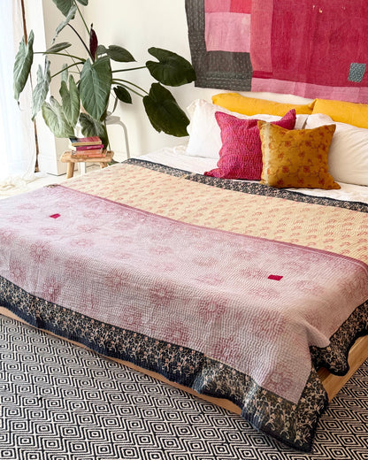 Large Fine Stitched Vintage Kantha Quilt in Orange, Green, Lilac and Yellow - Biggs & Hill