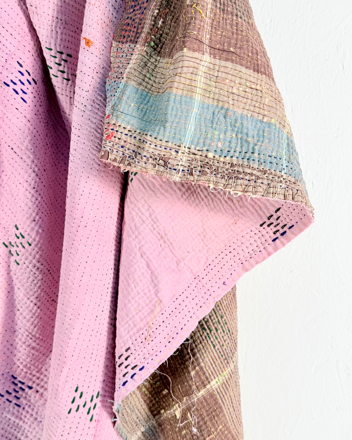 Project Kantha Quilt: Pink, Yellow and Green Patchwork With Authentic Aged Texture