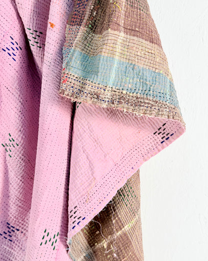 Project Kantha Quilt: Pink, Yellow and Green Patchwork With Authentic Aged Texture