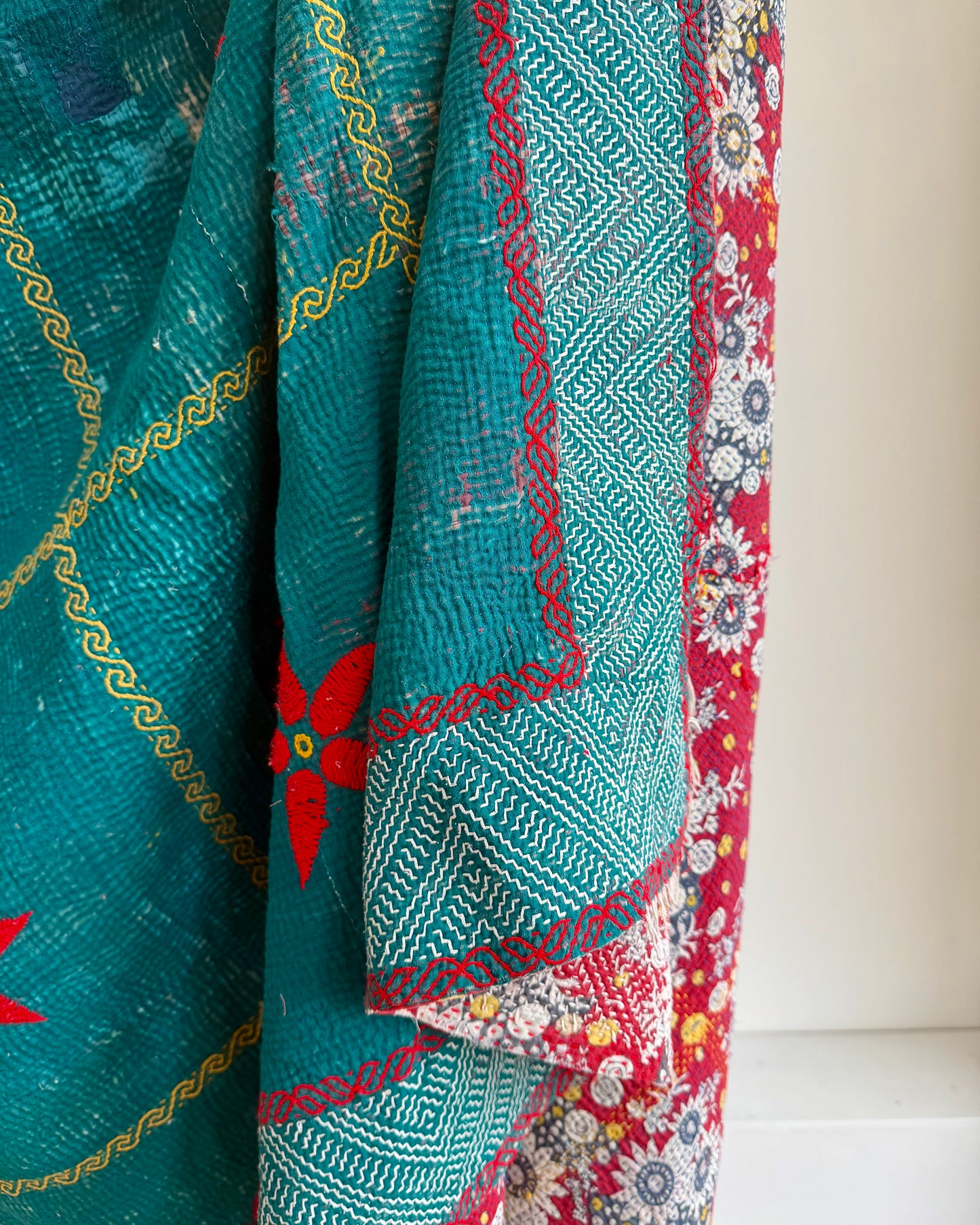 Large Fine Stitched Vintage Kantha Quilt In Emerald Green With Holbein Stitch Border