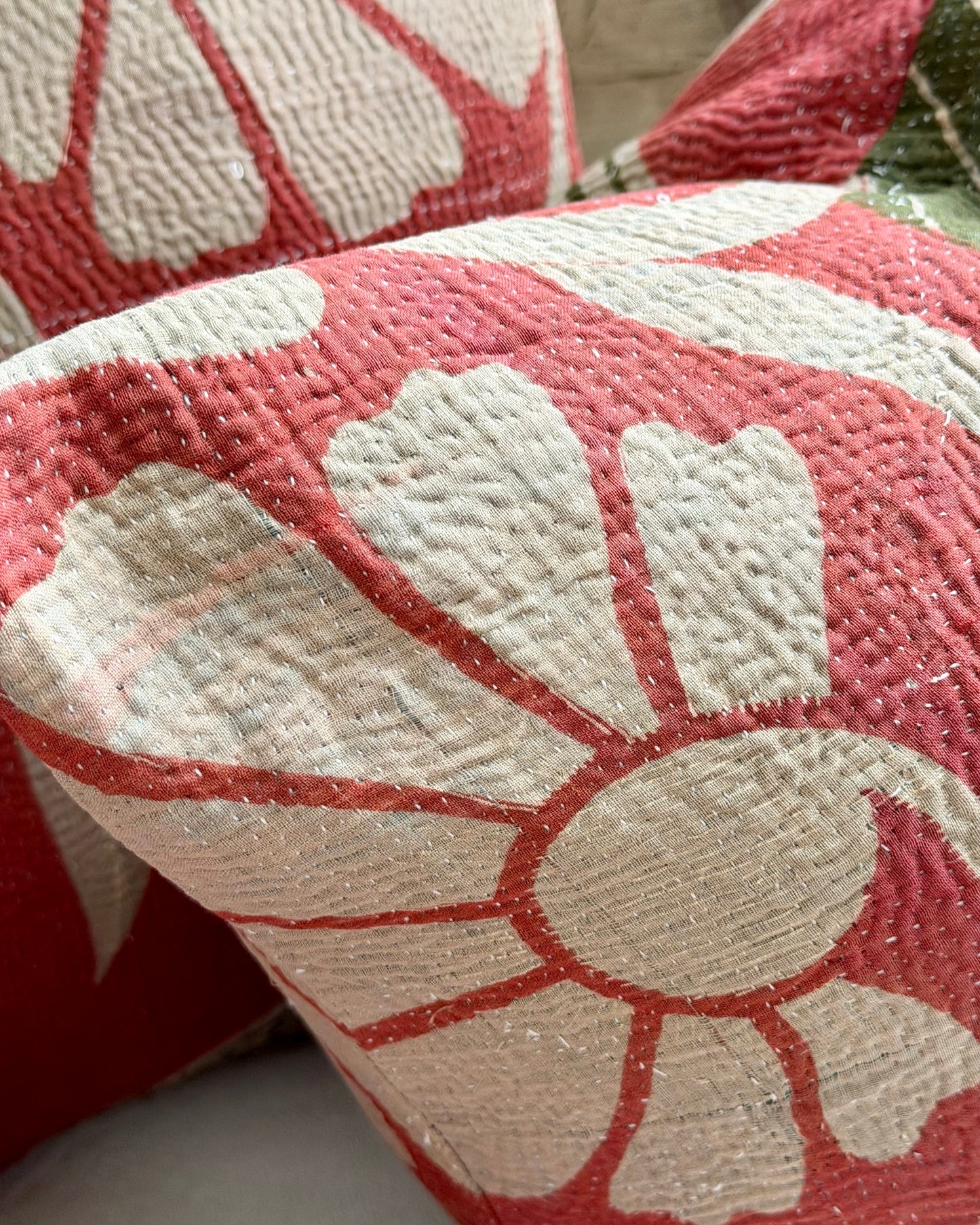 Vintage Kantha Cushion In Green and Pink- 45cm Square