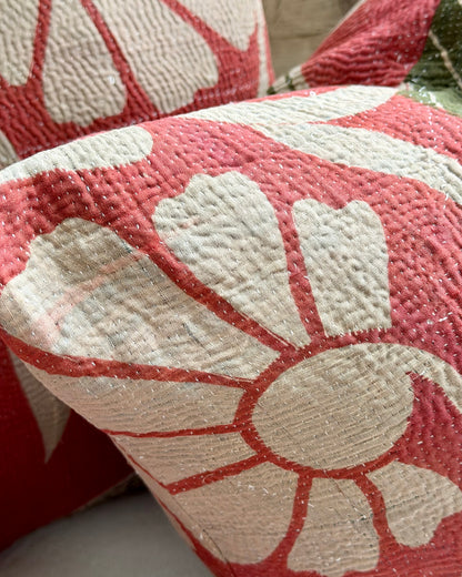 Vintage Kantha Cushion In Green and Pink- 45cm Square