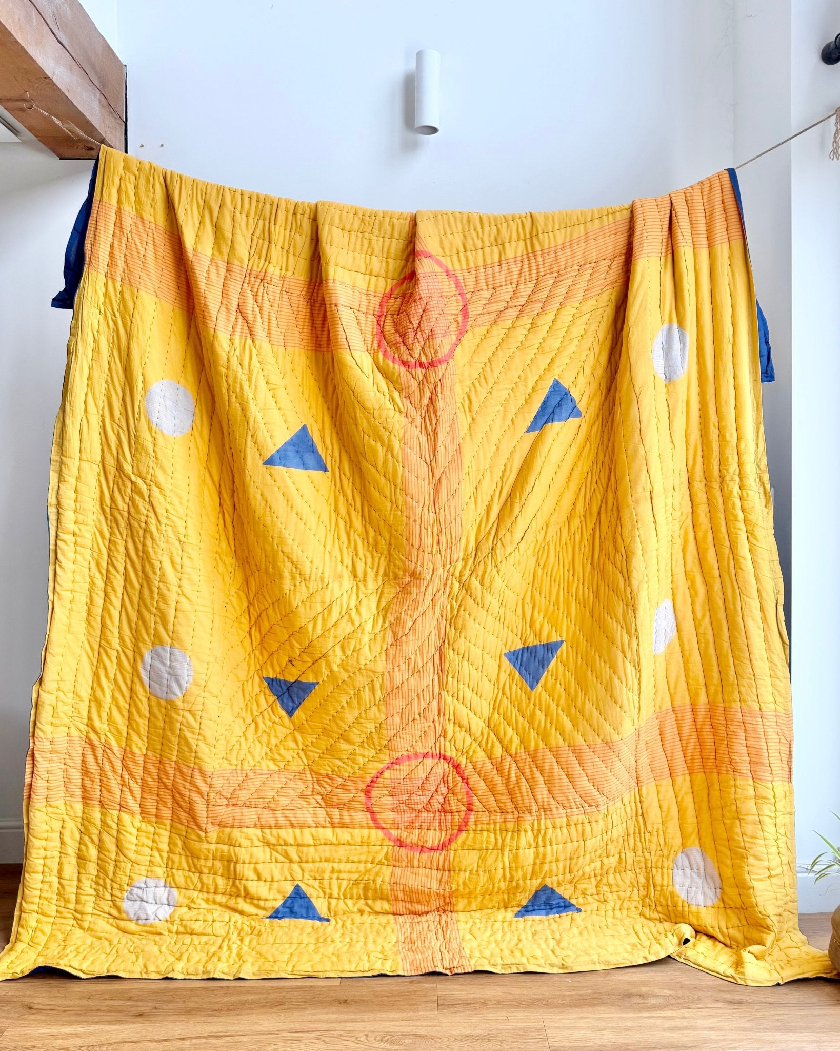 Quilted Kantha In Blue and Yellow With Geometric Patterns - SUPER KING - Biggs & Hill