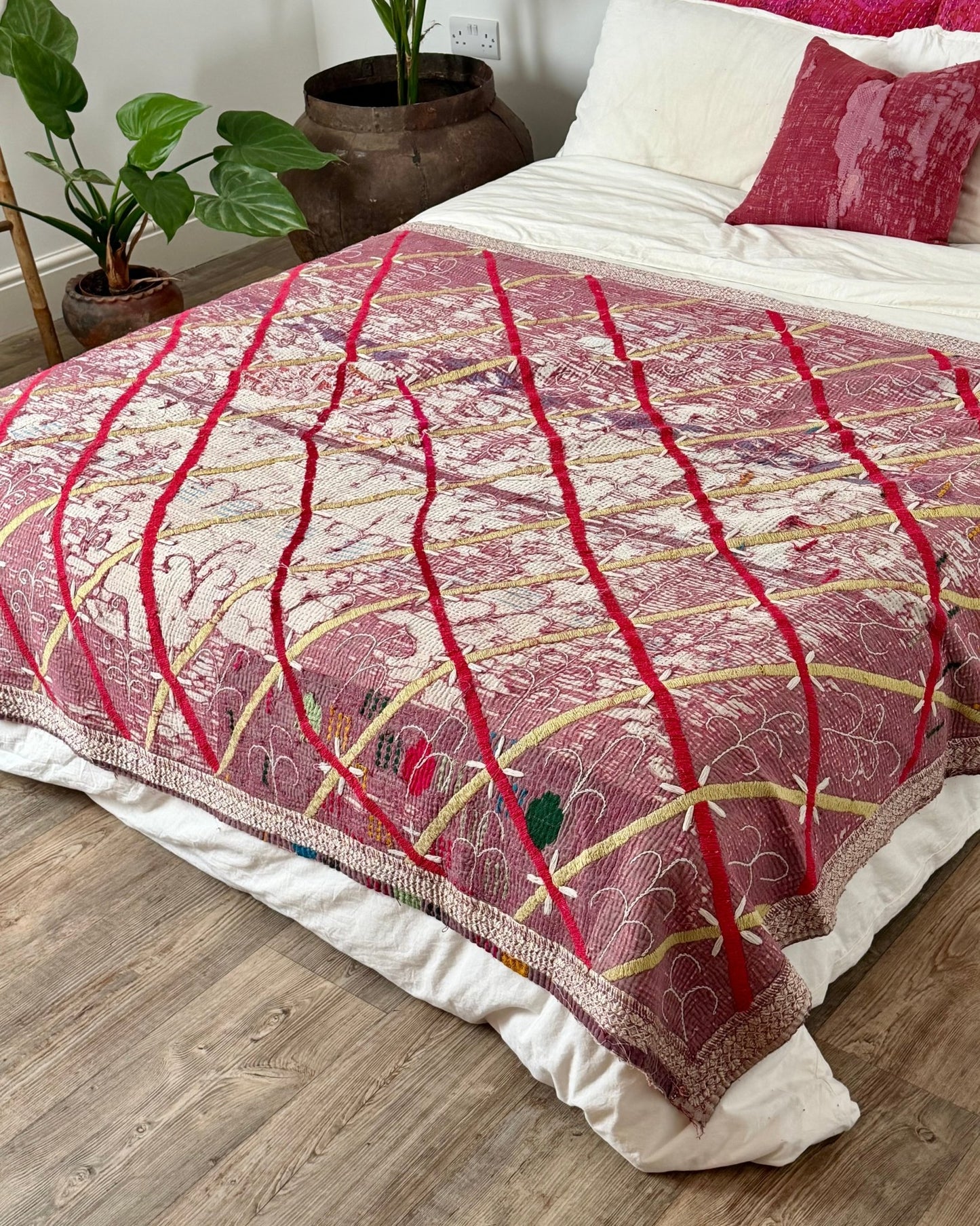 Embroidered Vintage Kantha Quilt in White and Pink - Biggs & Hill