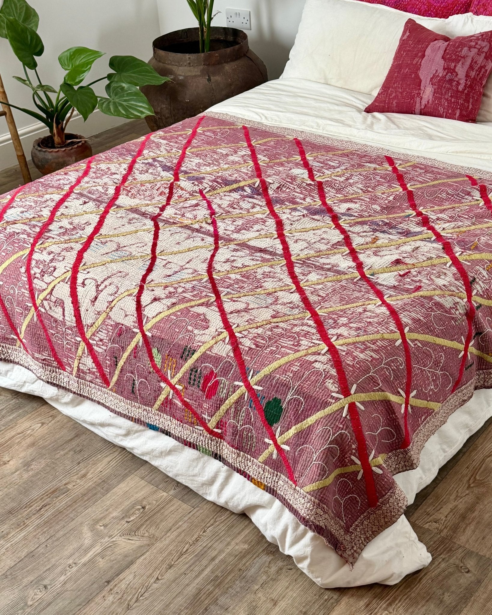 Embroidered Vintage Kantha Quilt in White and Pink - Biggs & Hill