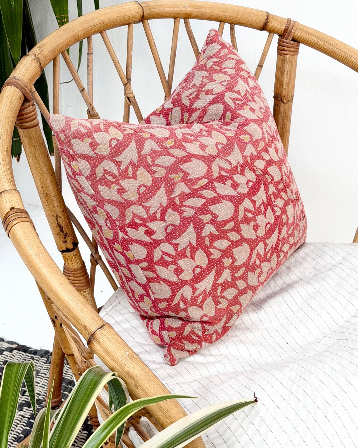 Handmade Vintage Kantha Cushion Cover In Pink Floral - 45cm (18") - Biggs & Hill