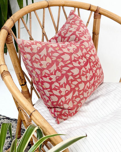 Handmade Vintage Kantha Cushion Cover In Pink Floral - 45cm (18") - Biggs & Hill