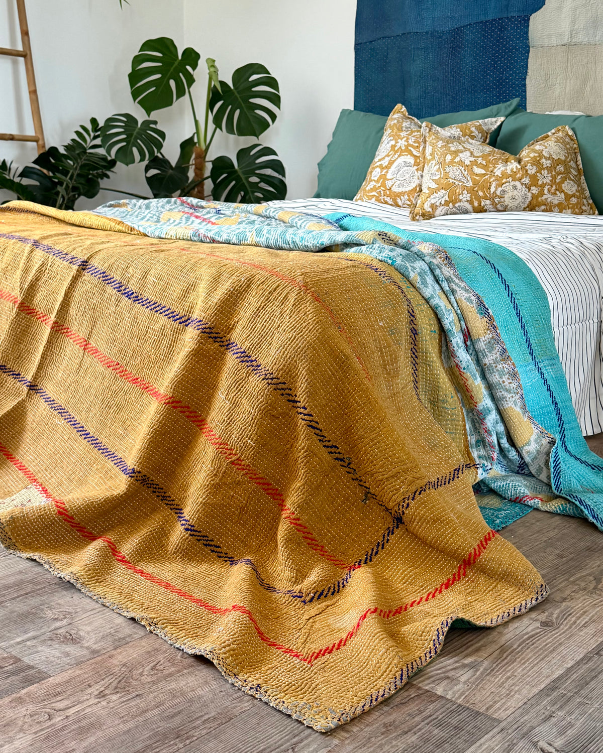 Extra Large Fine Stitched Embroidered Vintage Kantha Quilt in Green, Blue and Terracotta