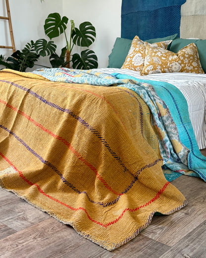 Extra Large Fine Stitched Embroidered Vintage Kantha Quilt in Green, Blue and Terracotta