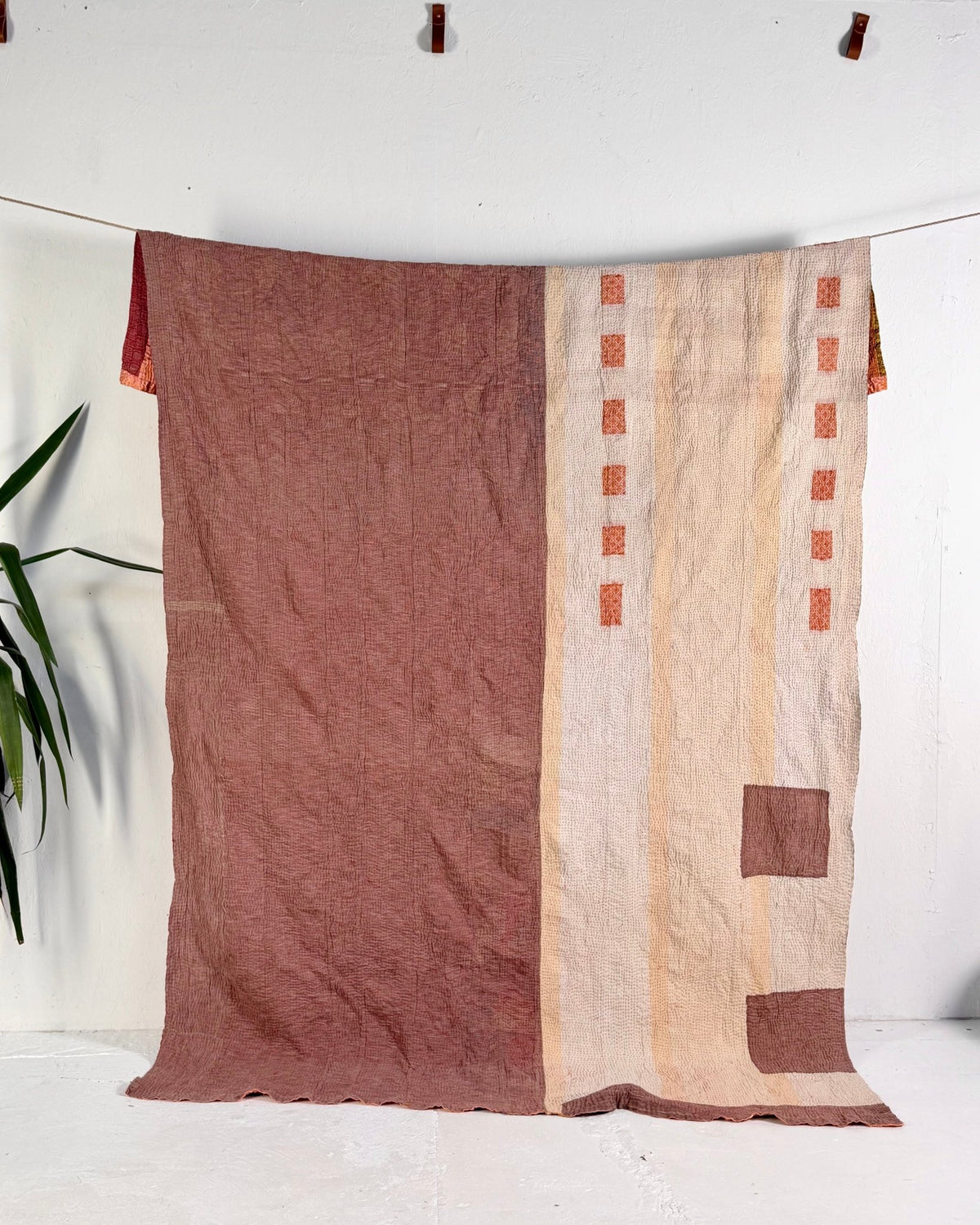 Extra Large Fine Stitched Vintage Kantha Quilt in Yellow and Pink Stripes - Biggs & Hill