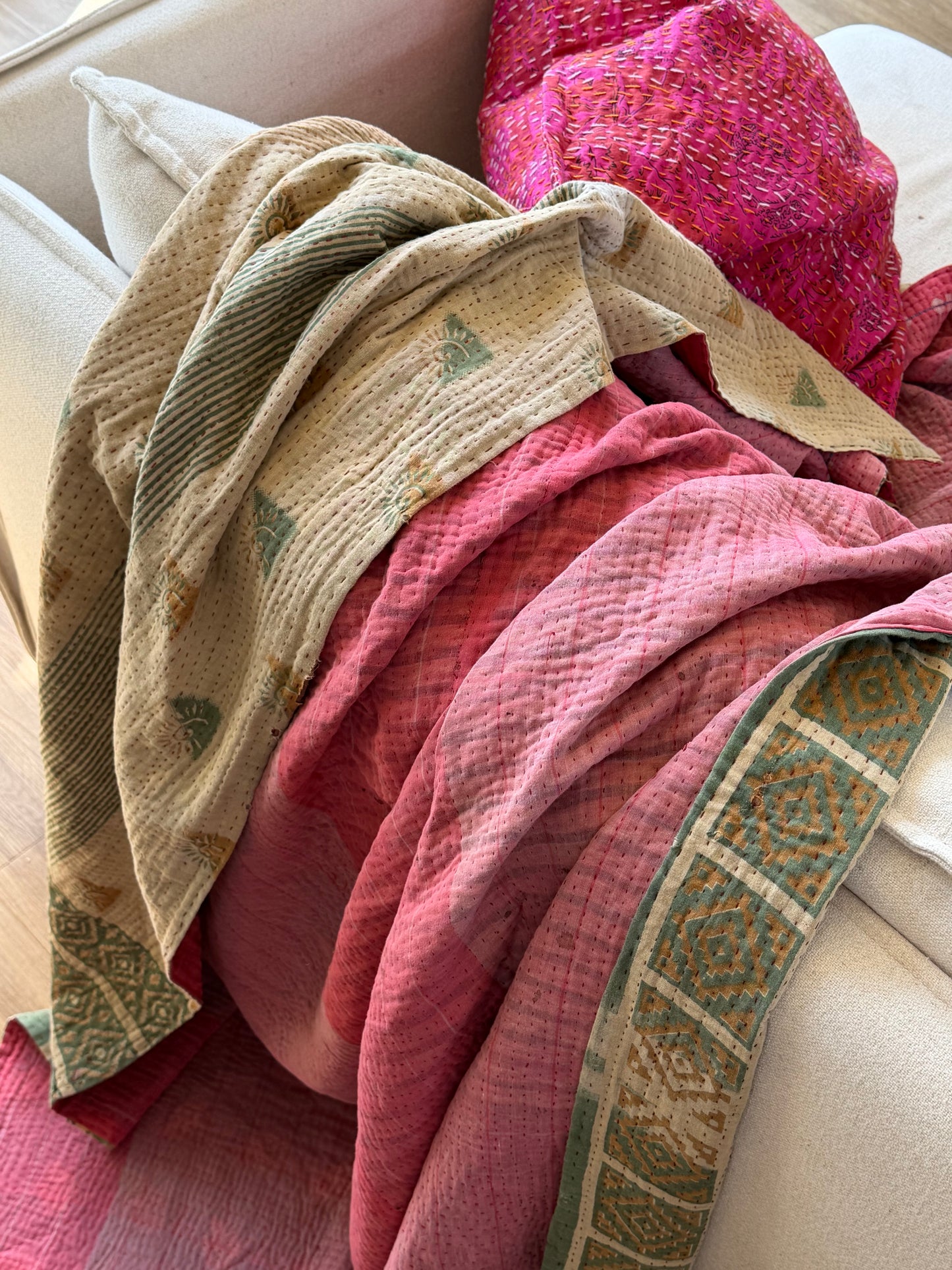 Fine Stitched Vintage Kantha Quilt in Super Soft Pink and Olive Green