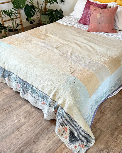Large Textured Vintage Kantha Quilt in Peachy Pink and Yellow - Biggs & Hill