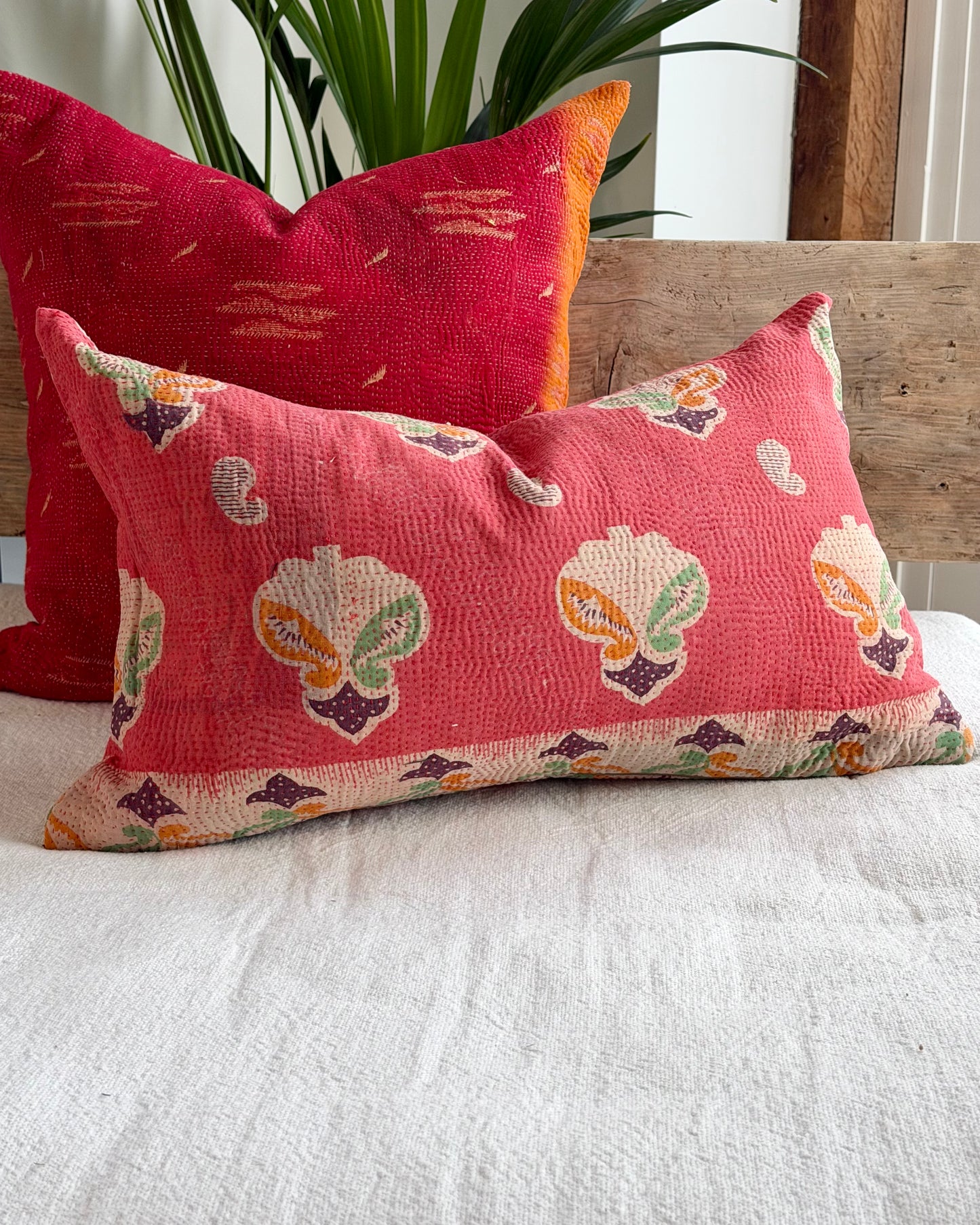 Vintage Kantha Cushion In Pink Floral - Small Rectangular