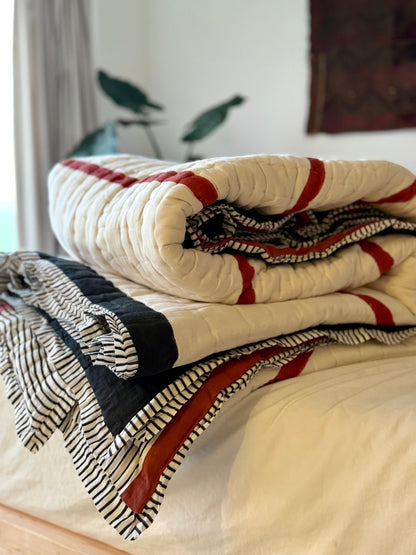 Quilted Kantha With Sun Pattern In Black, White and Red - KING - Biggs & Hill