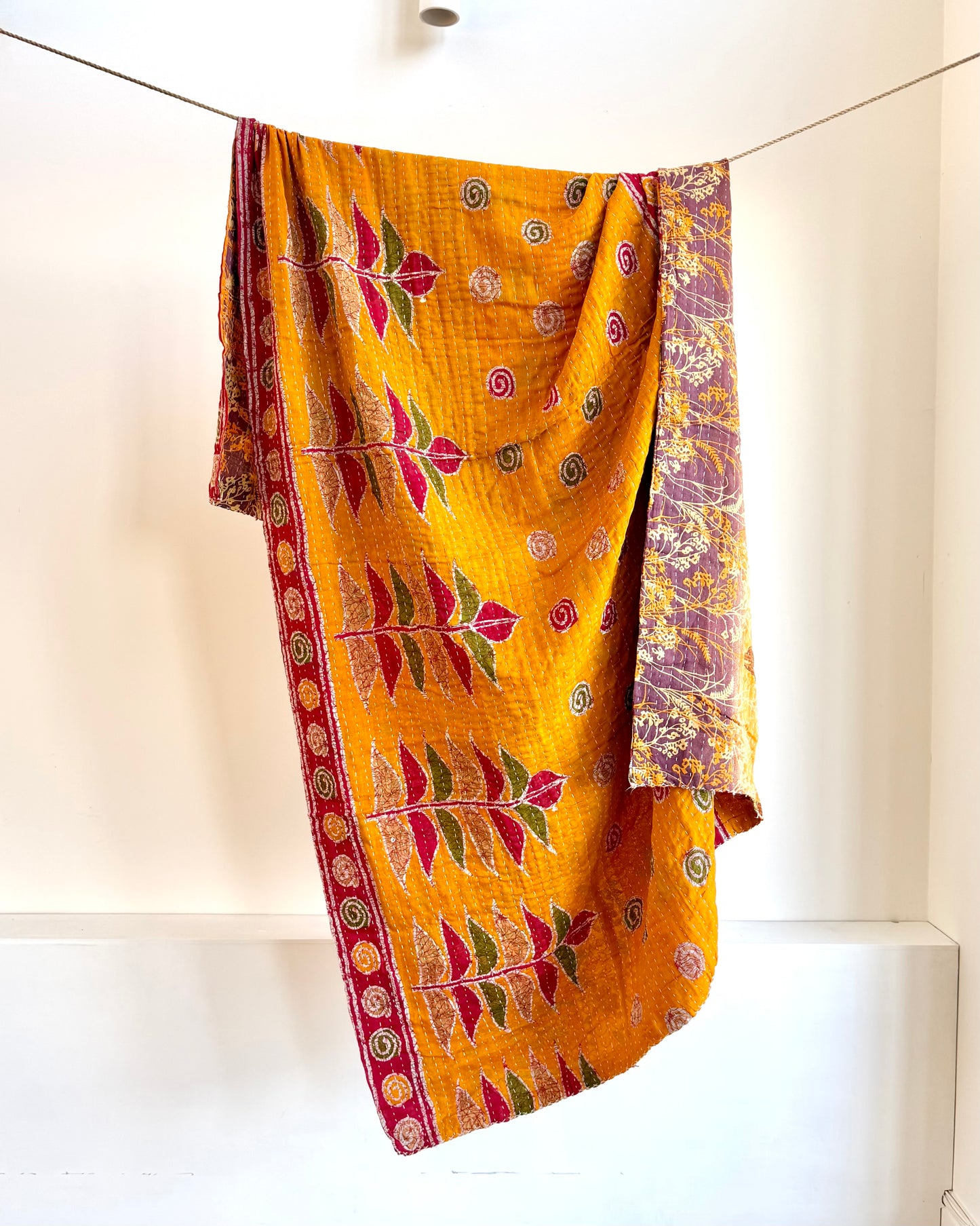 Vintage Cotton Kantha Quilt In Yellow And Lilac #35