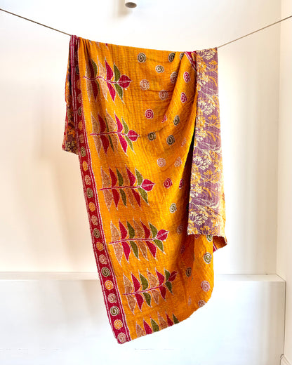 Vintage Cotton Kantha Quilt In Yellow And Lilac #35