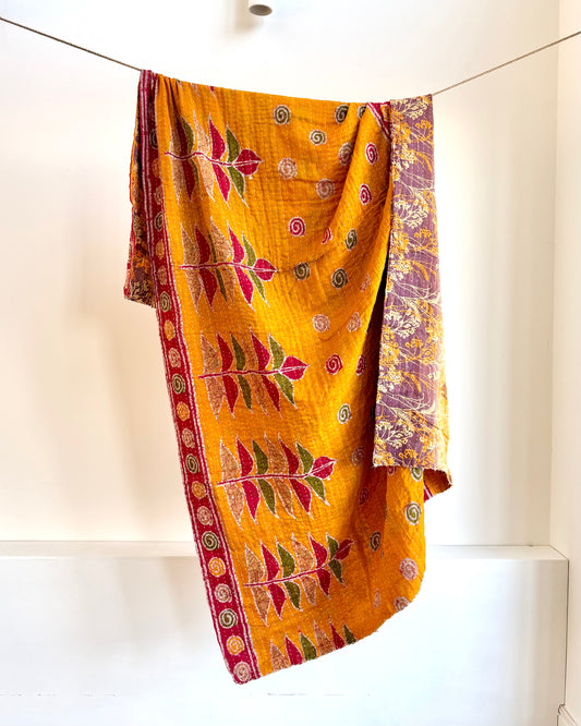 Vintage Cotton Kantha Quilt In Yellow And Lilac #35