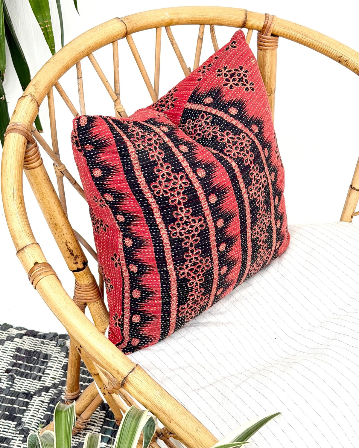 Handmade Reversible Vintage Kantha Cushion Cover In Red and Black - 45cm (18") - Biggs & Hill